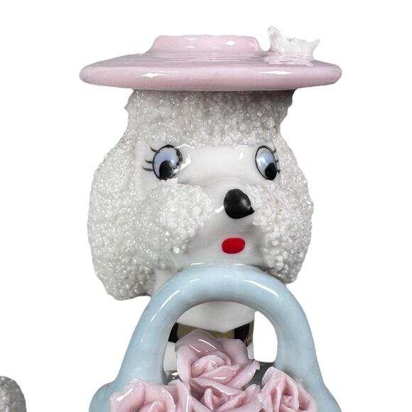 Vintage Spaghetti Poodle Dog Figurine Pink Hat & Flower Basket Mid-Century 1950s - Picture 2 of 10